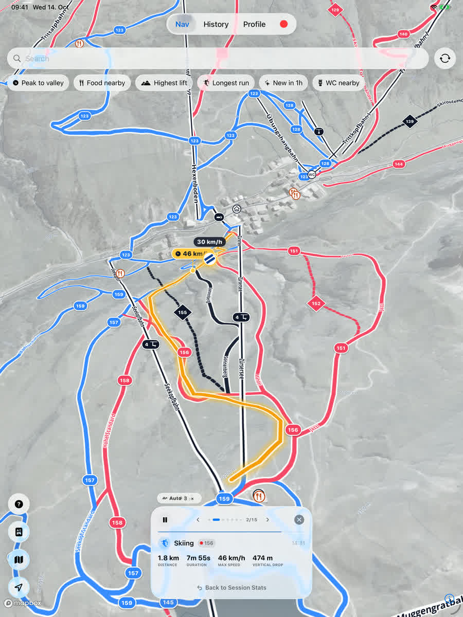 A run replayed on iPad: the trace drawn over the pistes it followed, with the speed at each point and the run’s distance, time and vertical in the panel.