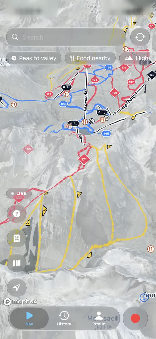 Touring lines drawn in yellow above Zürs, beside the marked runs and the Trittkopfbahn.
