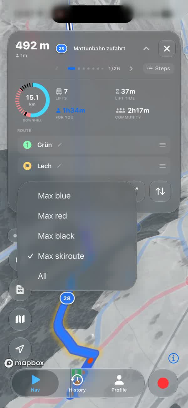 The difficulty menu open on a planned route: max blue, max red, max black, max ski route and all, with max ski route ticked.