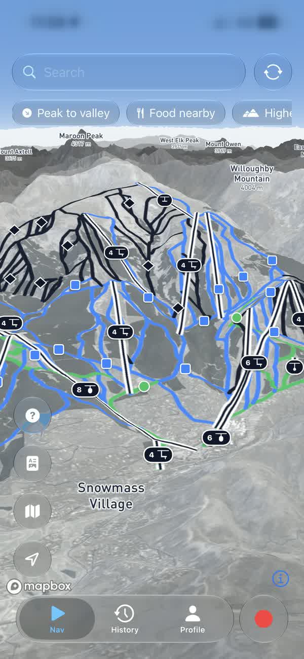 Snowmass on the 3D map, its lifts and runs laid over the terrain below Willoughby Mountain and Maroon Peak.