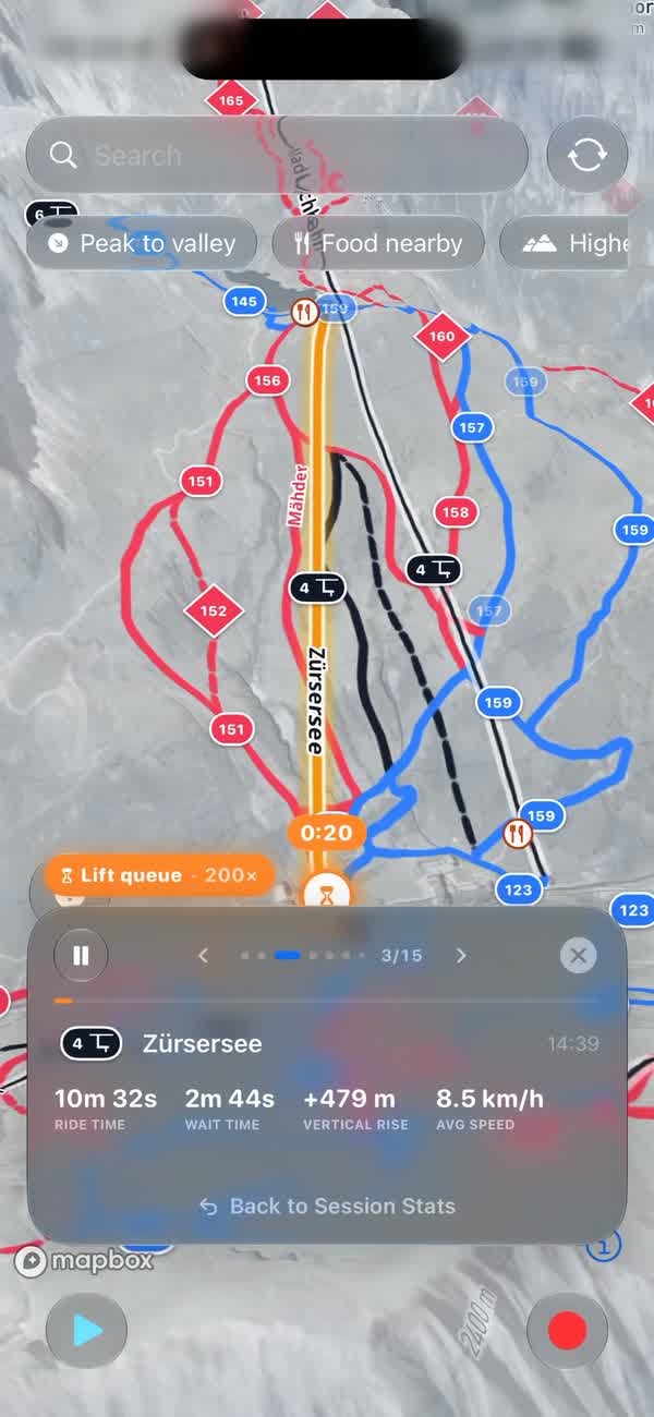 A lift ride in the replay: the Zürsersee chairlift, 10 min 32 s riding after a wait of 2 min 44 s.