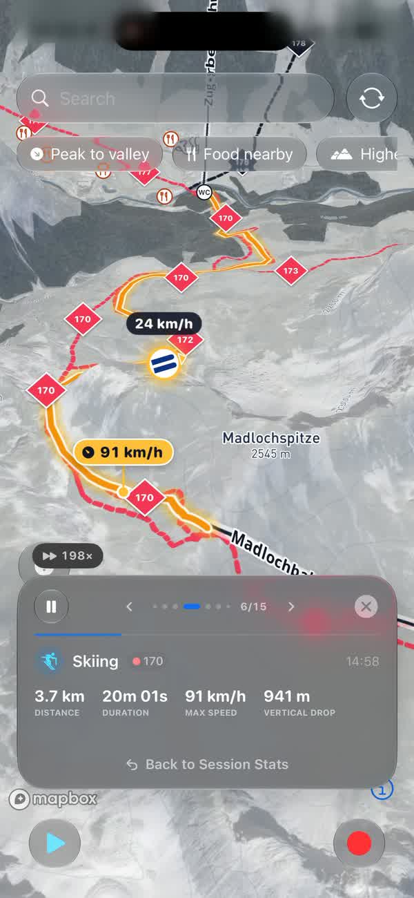 A run replayed on the map: red 170 below the Madlochspitze, 3.7 km at up to 91 km/h with 941 m of vertical.