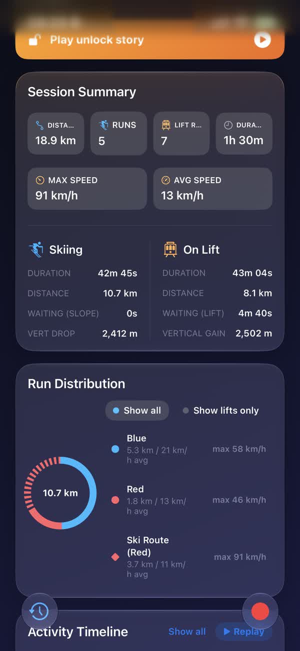The session summary: 18.9 km, five runs, seven lift rides, 91 km/h top speed, with time skiing and time on lifts split apart.